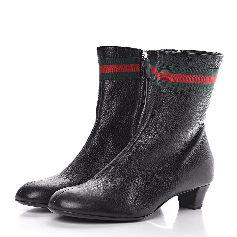 Gucci Black Leather Ankle Boots with Red & Green Web - Picture 3 of 4